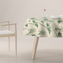 Obrus okrągły, zielony wzór cottage na beżowym tle,