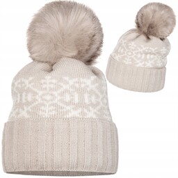 Beżowa Damska Czapka Zimowa Z Pomponem Ecru Śnieżynki