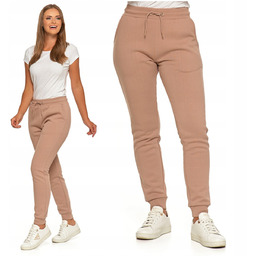 Dresowe Spodnie Damskie Ocieplane Joggery Gładkie Beżowe Klasyczne