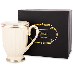 Kubek z porcelany z zaparzaczem beżowo złoty 12,5x9x12,5