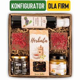 Kosz prezentowy z herbatą, kawą i słodyczami