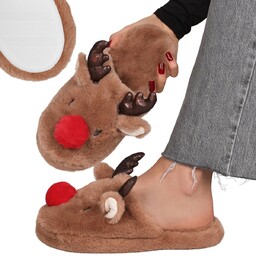 Renifer ANTYPOŚLIZGOWE damskie papcie domowe, CIEPŁE, MIĘKKIE, FUTRZASTE