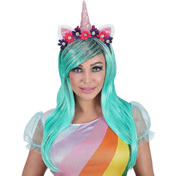 Widmann Srl Niebieski Jednorożec peruka z rogiem uszu