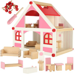 Domek dla lalek drewniany biało-różowy + mebelki 36cm