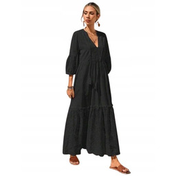 SHEIN CZARNA SUKIENKA MIDI Z AŻUROWYMI WSTAWKAMI