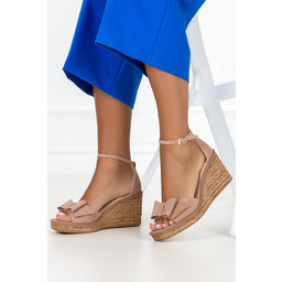 Beżowe Sandały Skórzane Damskie Espadryle Na Koturnie