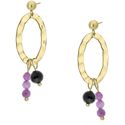 Różowy rubin i turmalin młotkowane złote kolczyki wiszące