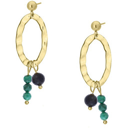 Zielony malachit i turmalin młotkowane złote kolczyki wiszące