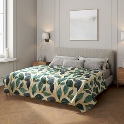 Narzuta pikowana w pasy, liście w kolorze szmaragdowej