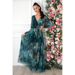 Sukienka maxi długi rękaw w tropikalne liście granat