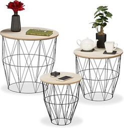 Relaxdays Stół wiklinowy, zestaw 3 sztuk, okrągły, metal