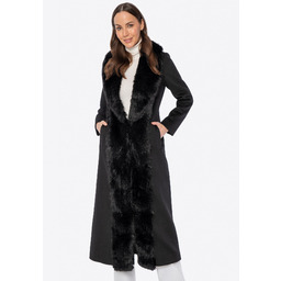 Długi damski płaszcz z wełny i sztucznego futra