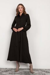 Koszulowa Sukienka Maxi z Bufiastym Rękawem - Czarna