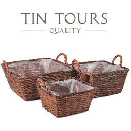 KOMPLET 3x BRĄZOWY KWADRATOWY KOSZYK WIKLINOWY Z FOLIĄ