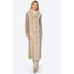 Długi damski płaszcz z wełny i sztucznego futra