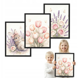 Zestaw 3 obrazów Zajączek Wśród Kwiatów czarna ramka