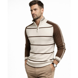 Sweter Męski z Suwakiem Pod Szyją Wełniany Beżowy