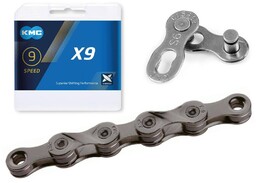 Łańcuch KMC X9 szary, 114 ogniw, 6,6mm, 9-rzędowy.