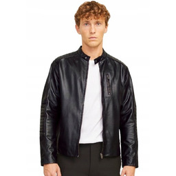 JACK&JONES CZARNA SKÓRZANA RAMONESKA Z PIKOWANIEM NA RĘKAWACH