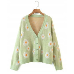 Sweter Damski Zielony Kwiaty Pastelowy z Guzikami