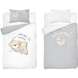 Pościel bawełniana dwustronna biało-szara w gwiazdy i misia