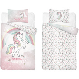 Pościel bawełniana dwustronna biała w jednorożca PPG-133