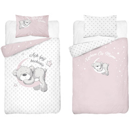 Pościel bawełniana dwustronna biało-różowa w gwiazdy i misia
