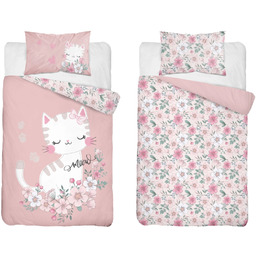 Pościel bawełniana dwustronna różowa w kotkę i kwiaty