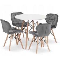 Stół Okrągły Biały Nowoczesny 4 Krzesła Szare