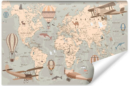 Muralo Fototapeta Mapa Świata Zwierzęta Samoloty Balony 312x219cm