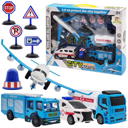 ZESTAW pojazdów SAMOLOT pasażerski KARETKA STRAŻ BECZKOWÓZ znaki