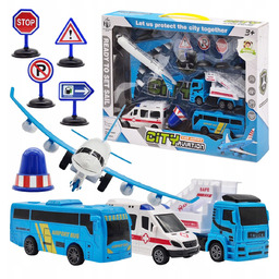 ZESTAW pojazdów SAMOLOT pasażerski AUTOBUS KARETKA PODNOŚNIK znaki