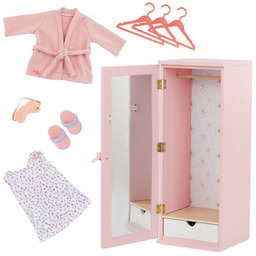 Drewniana szafa na ubranka i akcesoria dla lalek