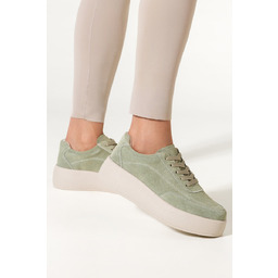 Zielone sneakersy skórzane damskie creepersy na platformie sznurowane