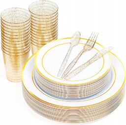 Złoty zestaw Plastikowe talerze wielorazowe kubki sztućce Złoty