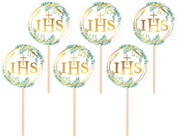 Pikery na tort IHS z zielonymi listkami