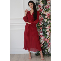 Sukienka maxi plisowana z paskiem bordo Polette