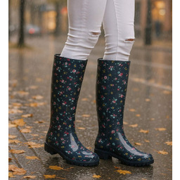 Kalosze damskie Czarne wysokie gumiaki w kwiaty granatowe