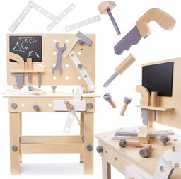 Drewniany warsztat ze stolikiem i narzędziami dla dzieci