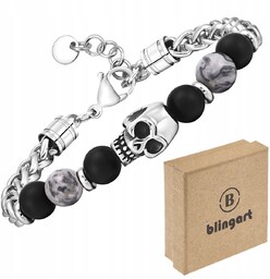 BLINGART Bransoletka męska z CZASZKĄ i koralikami JASPIS