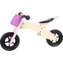 Drewniany rowerek biegowy trójkołowy regulowany z fioletowym koszyczkiem