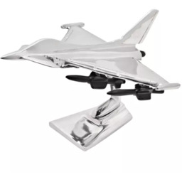 FIGURKA DEKORACYJNA srebrna, błyszcząca, model samolotu Eurofighter Typhoon,