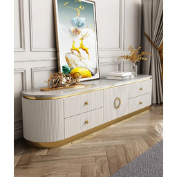 SZAFKA RTV Anne biała, ryflowana, złote metalowe dodatki,