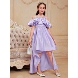 Sukienka Dziewczęca Satynowa Zdobiona Z Dłuższym Tyłem Fioletowa