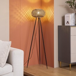 Lampa Podłogowa Lindby, Nerys, drewniany, salon, drewno