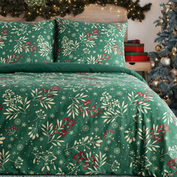Pościel bożonarodzeniowa bawełniana zielona w kremowe gałązki PTT-026