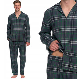 KLASYCZNA PIŻAMA MĘSKA W KRATĘ BAWEŁNIANA FLANELA DŁUGI