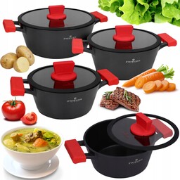 Zestaw 3 Garnków Z Pokrywką Czarne Aluminium Zwieger