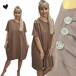 GŁADKA SUKIENKA DIAMENT GUZIKI luźna elegancka tunika czeko
