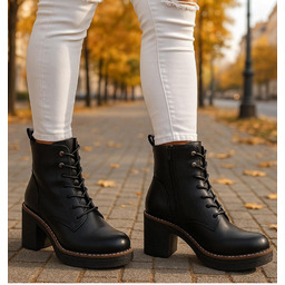 Sznurowane botki workery na obcasie Czarne